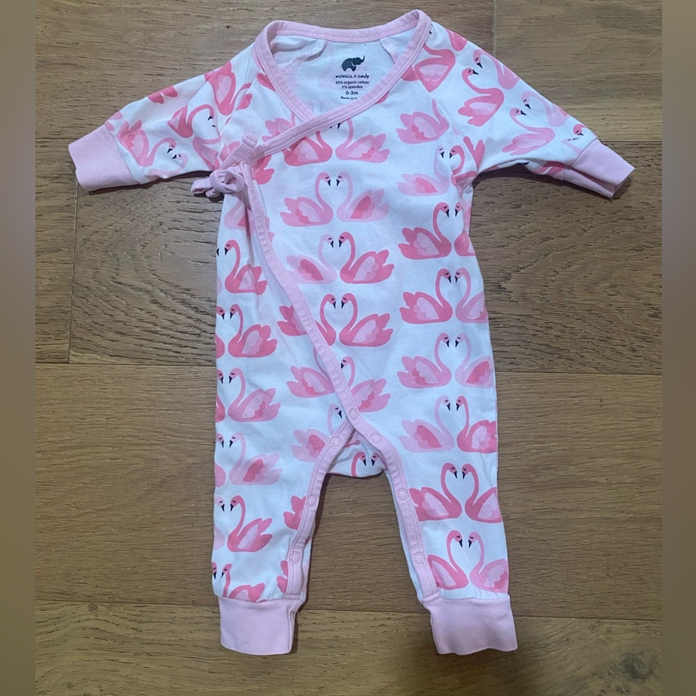 Monica + Andy Pink Swan Print Baby Girls Organic Cotton One Piece 0-3m EUC